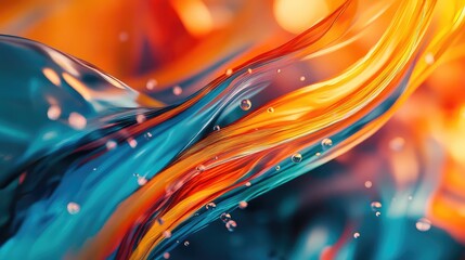 Abstract background featuring dynamic flowing shapes creating a smooth liquid surface texture, displaying vibrant gradient colors and small rising bubbles