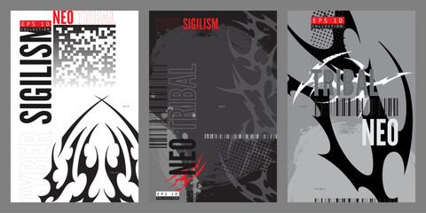 Vector set of posters in neo-tribal and cyber sigilism style.