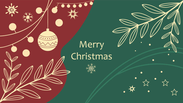 Elegant Christmas Day Greeting Card Banner with Minimal Gold Line Art on Red and Green Background