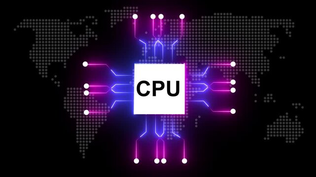 Glowing neon circuit board animation. Technology multicolor CPU circuit board background. Computer motherboard with cpu icon , CPU text and circuit lines icon animation.