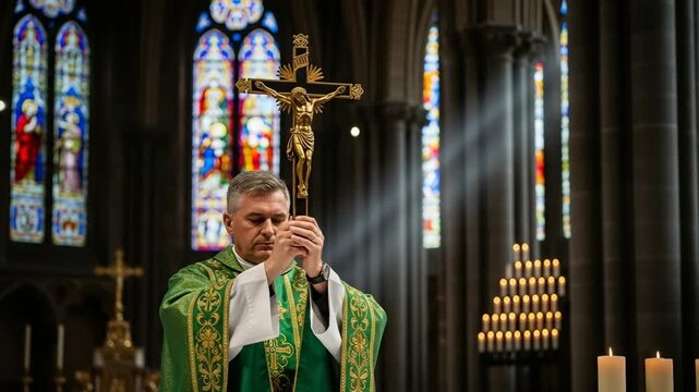 Male adult caucasian priest holds a golden crucifix during a sacred ceremony. He wears ornate green vestments in a grand church interior. Sunlight illuminates colorful stained glass