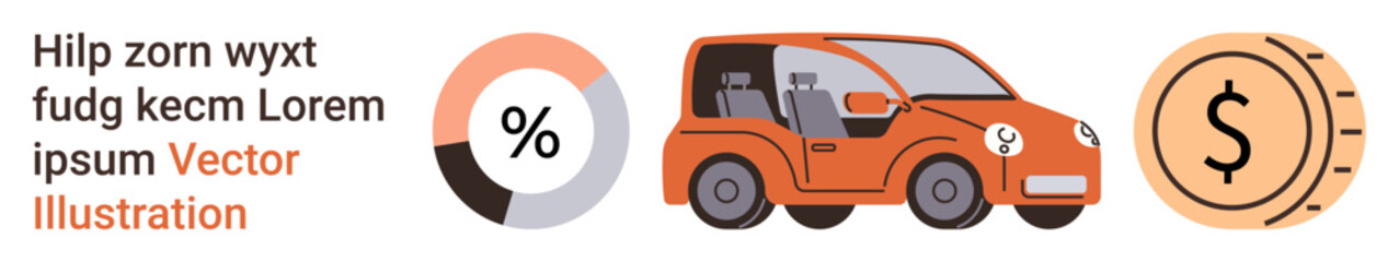 Car financing, loans, auto sales, saving money, budgeting, financial planning. An orange car, percentage symbol and coin are . Car financing and loans concept