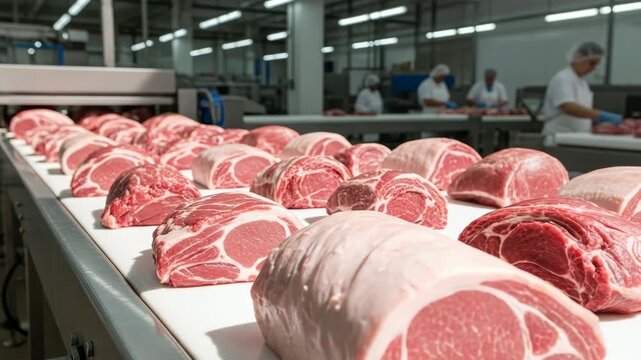 Fresh raw pork cuts move along a conveyor belt in a modern industrial processing facility. Female adult workers in uniform prepare the meat for packaging and distribution