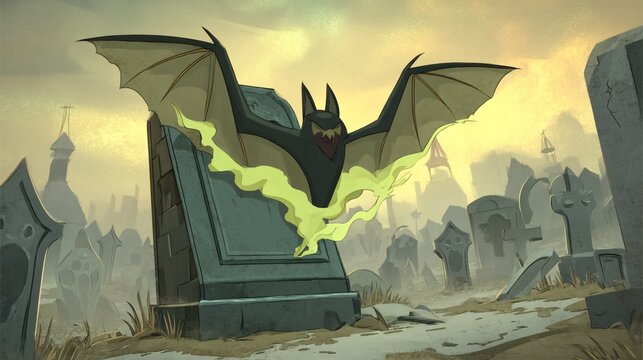 stylized bat made of smoke rising from an open grave in the middle of a ruined cemetery. The surrounding fog shapes resemble ghostly faces. Space on the left side remains open. Halloween bat, 
