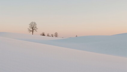 Standing solitary leafless tree on snow ridges with distant tree cluster and pastel sky, copy space
