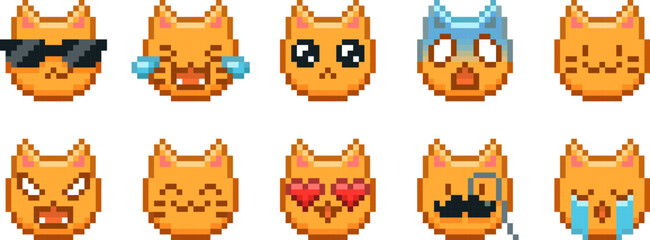 Set of colored pixel cat emoticons, with different facial expressions, 8-bit icons.