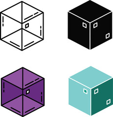 Four colorful 3 D cubes with geometric patterns and holes in different colors