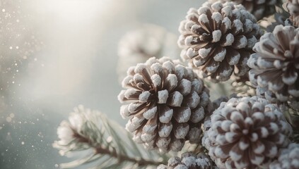 Showing frost-dusted pinecone cluster resting on evergreen branch outdoors, with snow flecks