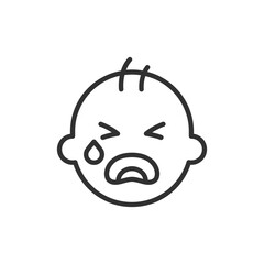 Crying baby face, linear icon. Infant sadness and emotional distress. Line with editable stroke.