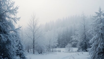 Obraz premium Showing snow-covered clearing with frost-coated spruce, birch trees and low shrubs in winter mist