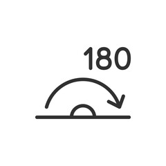 Half rotation with number 180, linear icon. Angle measurement and directional change. Line with editable stroke.