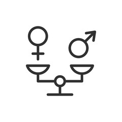 Scales with gender symbols, linear icon. Gender equality and social balance. Line with editable stroke.