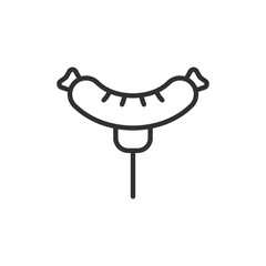 Sausage on fork, linear icon. Grilled food and meal serving. Line with editable stroke.