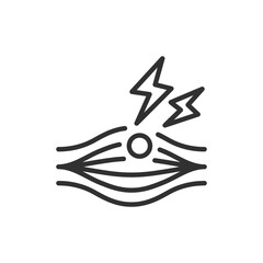Muscle with pain marks, linear icon. Local tension and muscle discomfort. Line with editable stroke.