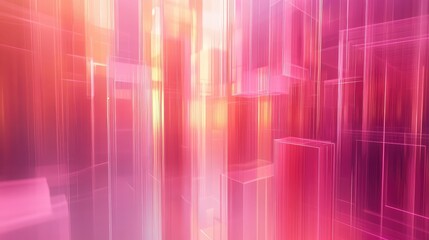 Abstract background presenting glowing translucent pink and orange geometric rectangular shapes and lines creating a dynamic perspective, symbolizing futuristic digital data and modern connectivity