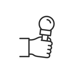 Hand holding microphone, linear icon. Interview speech and audio recording. Line with editable stroke.