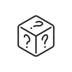 Cube with question marks, linear icon. Mystery concept and unknown choice. Line with editable stroke.