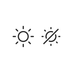 Sun and crossed sun, linear icon. Light on and off brightness control. Line with editable stroke.