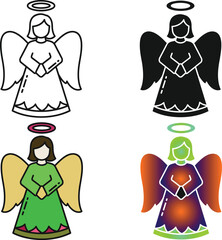 Four colorful angel with halos and wings in various colors and styles white black