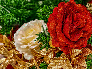 Christmas Decoration Red Glitter Rose White Flower Gold Leaves Holiday Background Wreath Ornament Closeup