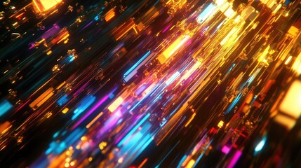 Glowing colorful lines and fragmented shapes creating a dynamic visual representation of rapid information flow and high speed technological connection in an abstract digital space
