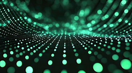 Digital data stream forming a glowing green wave of interconnected particles and lines on a dark background, representing networks, ai, big data analytics and global communication