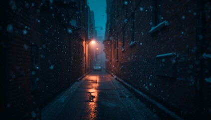 Glowing narrow alleyway showing wet reflective pavement at night, with streetlamp and drifting snow