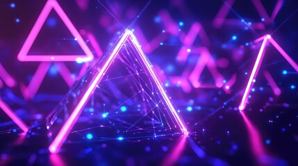 Neon glowing pink and blue triangles forming an abstract futuristic network, representing digital connectivity, data flow, artificial intelligence, and metaverse concepts