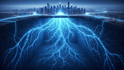 Futuristic Underground City Multi-Layered Subterranean Metropolis with Glowing Blue Neural Network Energy Connections Roots Sci-Fi Cyberpunk Digital Art Illustration AI Generated Wallpaper Concept