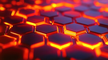Abstract network of geometric dark hexagons illuminated with vibrant orange and red light, representing data, connectivity, and modern digital concepts