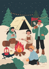 Children Enjoying a Winter Night Campfire