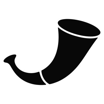 Black silhouette of a simple hunting horn or shofar icon with a curved shape and wide opening, isolated on a transparent background, depicting an ancient musical instrument