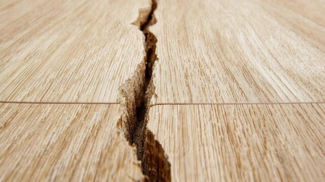 Close-up shot of a large crack in a wooden floor, highlighting the texture and grain of the wood.
