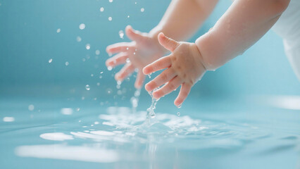 Close up of a babys hands playing with water splashes.