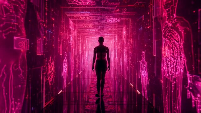 Silhouetted human figure walking through glowing magenta digital corridor with immersive light patterns and deep perspective sci-tech environment