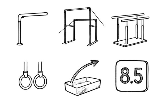 Gymnastics equipment and scoring icons in a hand-drawn sketch style