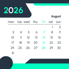 August 2026 calendar with highlighted Friday dates