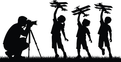 Children playing with toy biplanes in grassy field while photographer captures moment, silhouette illustration of childhood imagination, flat vector © MD