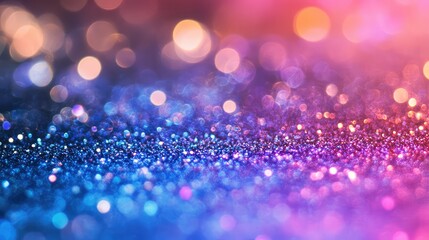 Glittering dust particles creating a vibrant abstract background with sparkling bokeh lights, showcasing a smooth color transition from blue and purple to pink and orange