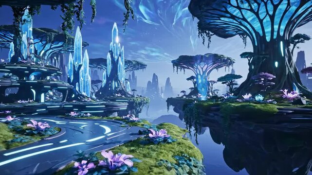Enchanted alien landscape with futuristic forests and glowing flora transition