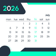 July 2026 modern calendar with highlighted Fridays