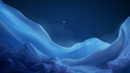 Flowing undulating fabric-like blue dunes forming glittering granular surface under starry sky haze