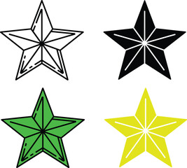 Four colorful geometric stars with black outlines and white lines inside green