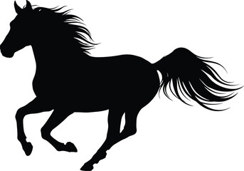 Running horse silhouette vector illustration showing dynamic galloping equine animal, black wild stallion motion design isolated on white background for nature speed branding