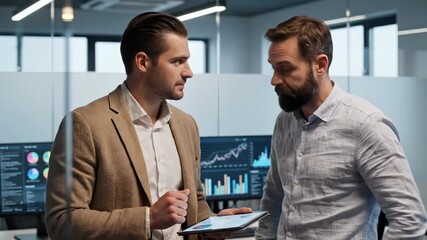 Businessman reviews tablet data with colleague in office. Men discuss business analytics on tablet. Office meeting with data monitors. Businessmen analyze tablet together in modern workplace. - Powered by Adobe
