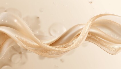 Twisting translucent satin ribbon folding across studio beige backdrop, with glittering specks