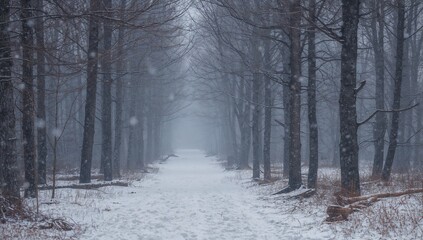 Fototapeta premium Leading centered snowy trail stretching into foggy forest, bordered by tall bare trees and tracks