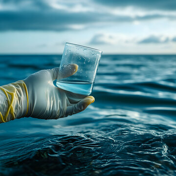Gloved hand holds a water sample over the vast ocean surface