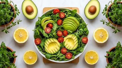 Fresh avocado salad bowl with cherry tomatoes, arugula and greens on white background with lemon slices and herbs for healthy eating, vegan diet and clean nutrition