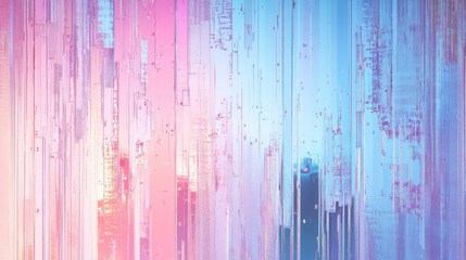 Abstract background creating a dynamic visual, showing vertical textured lines and a gradient transition from soft pink to cool blue hues, representing digital art and data distortion
